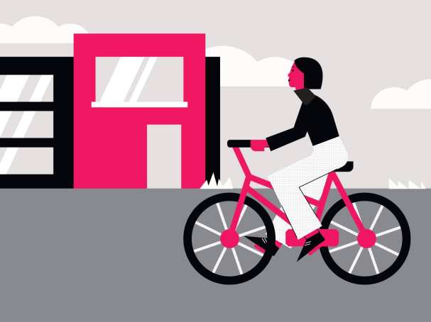 illustratie van vrouw die fietst langs gebouwen