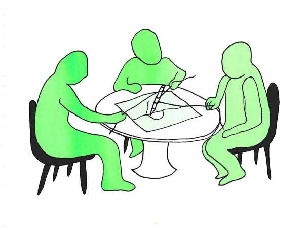 Drie getekende personen die zittend aan een tafel werken