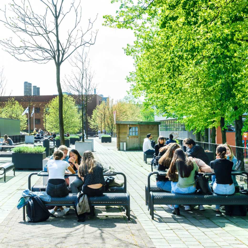 Foto van buitenplaats op de HAN Campus in Nijmegen waar Pabo-ALO studenten buiten aan tafels zitten in groepjes.
