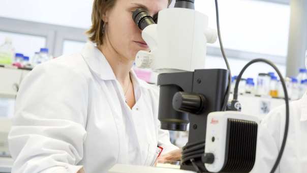 Samantha Hughes achter microscoop
