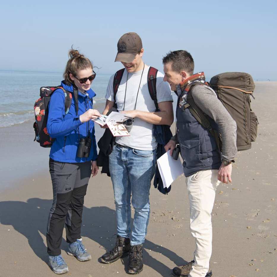 Drie studenten met een rugzak op en een verrekijker in de hand lezen op het strand in een boekje om te kijken waar ze heen moeten.