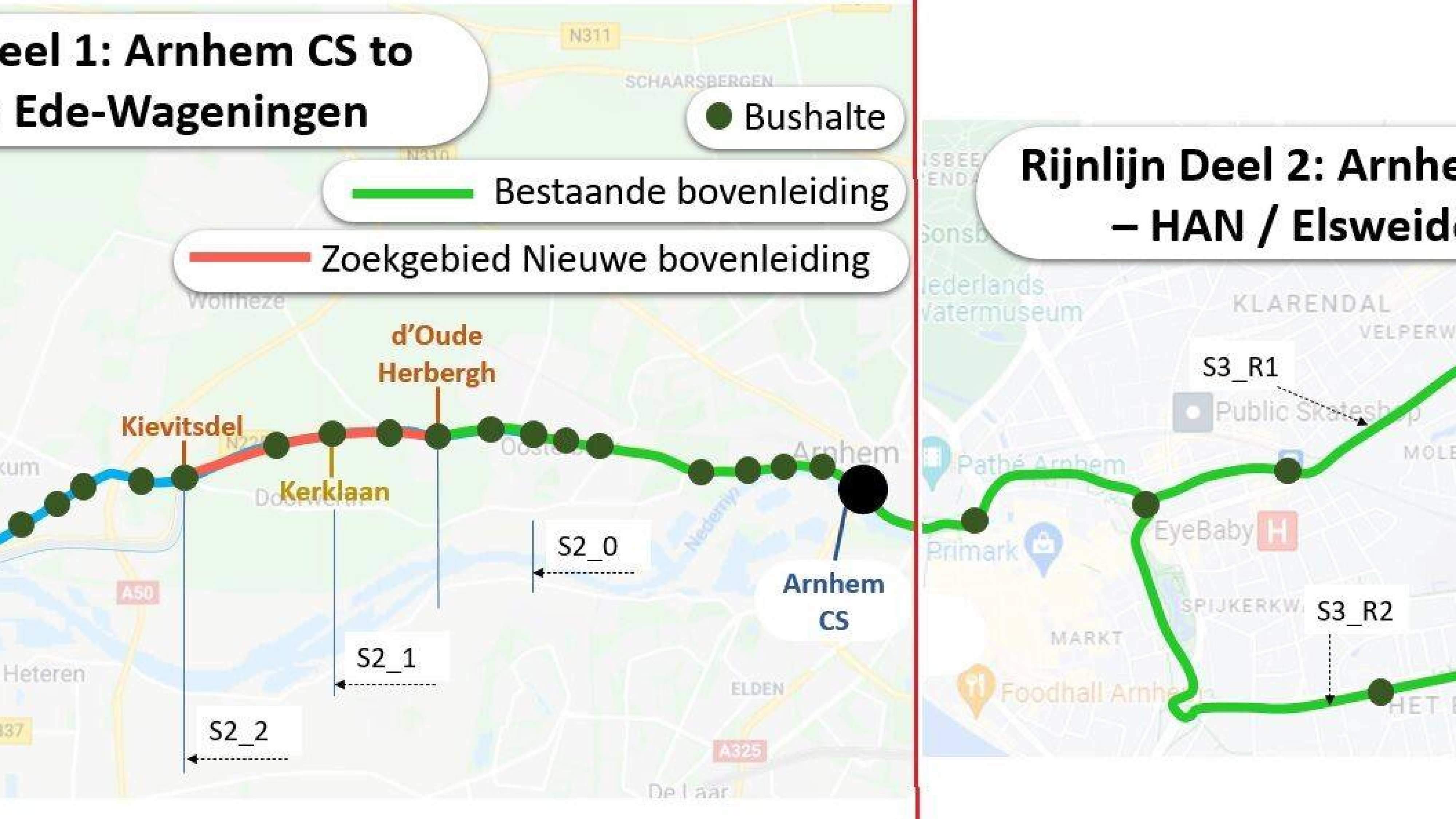 Beoogd traject trolley Rijnlijn in kaart gebracht
