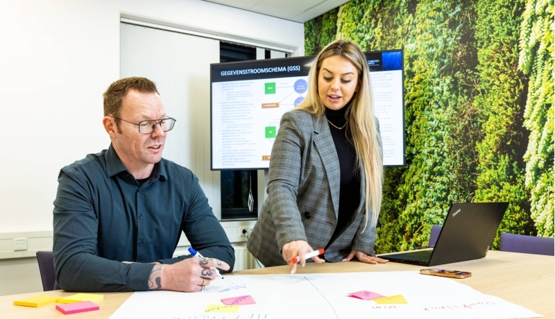 Studenten van de Ad werken samen aan een opdracht, lachend