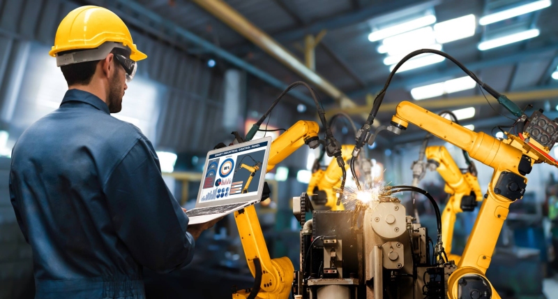 Man met tablet kijkt naar robotarmen in Digitale Fabriek