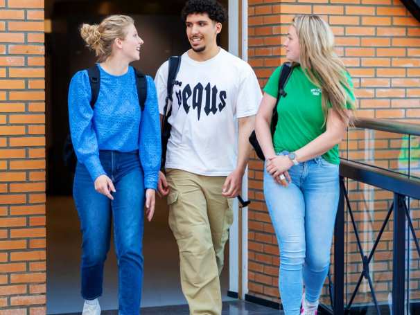 3 studenten zijn met elkaar in gesprek lopend over de brug