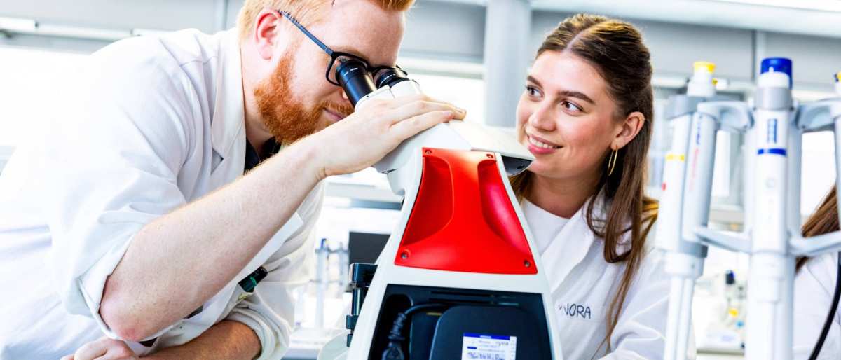 Docent kijkt door de microscoop