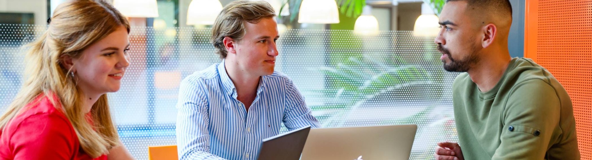 Facility Management, foto 8476, studenten samenwerken op laptop in zwevend hokje
