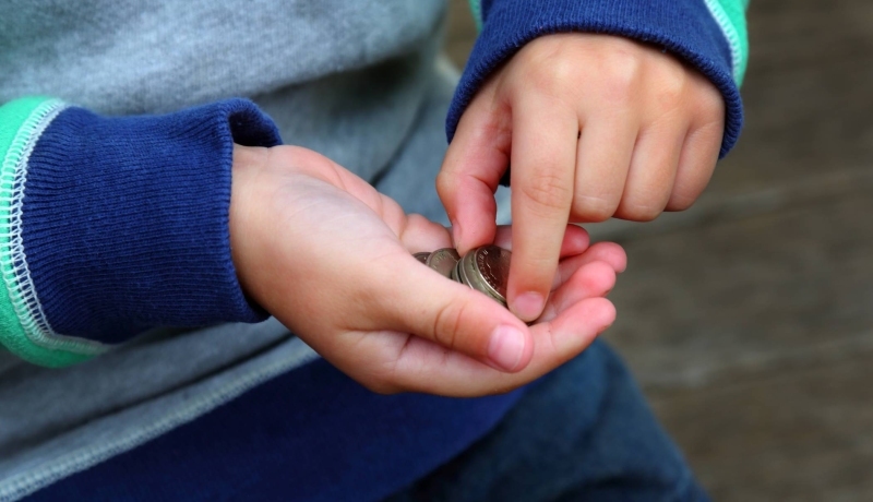 handen van een jongen met muntstukken in zijn handen