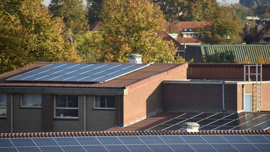 Een foto van zonnepanelen op daken in Nederland.