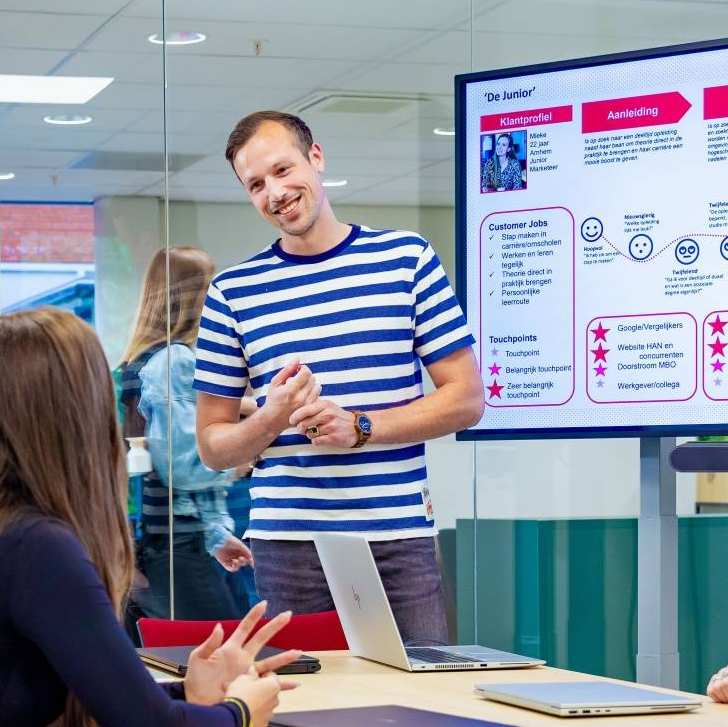 Studenten van de associate degree Commerciële Economie deeltijd, duaal uitstroom Online Marketing in overleg over customer journey map.