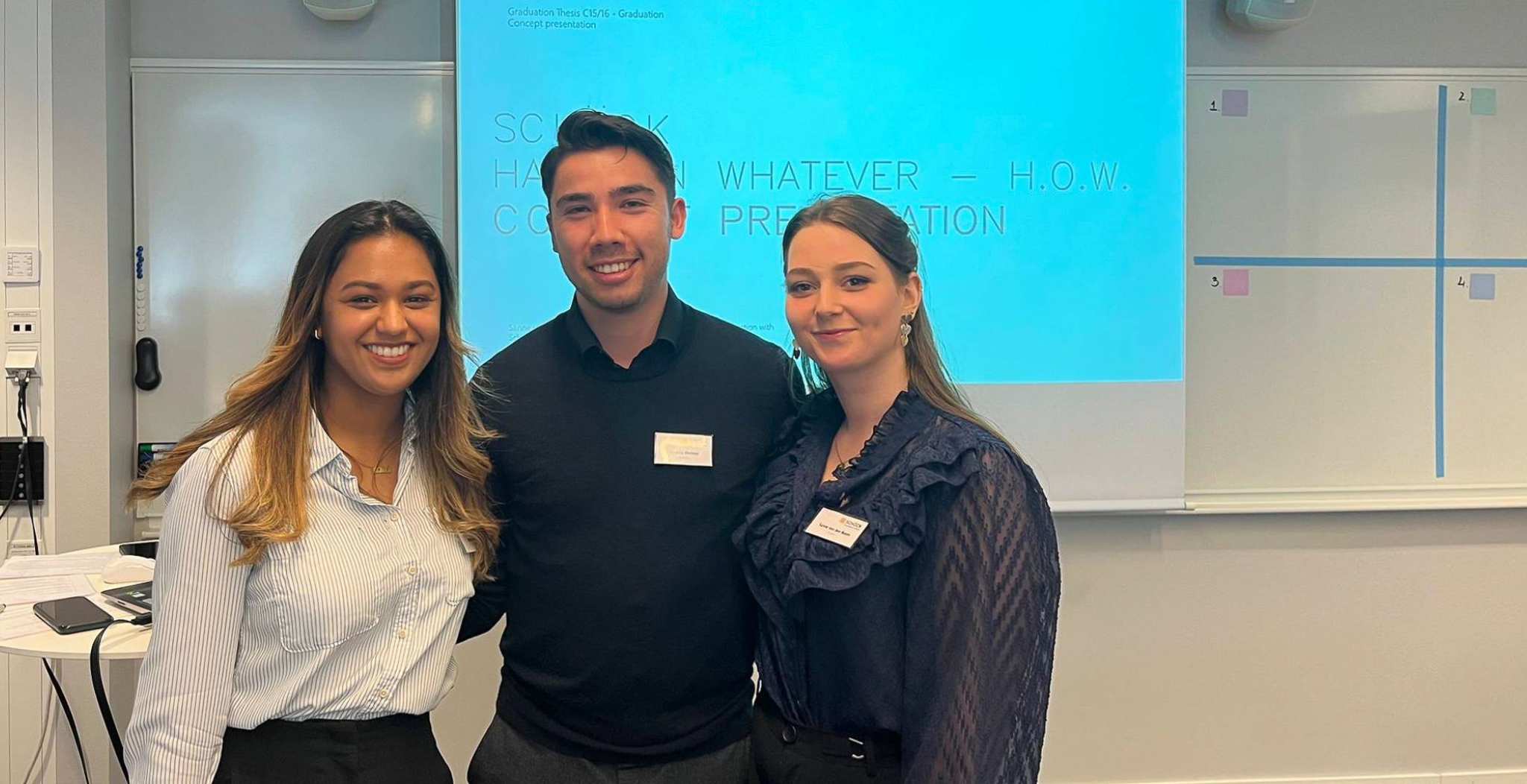 Marwa Potmis, Maurice Weimar en Sanne van den Boom na de presentatie van hun afstudeerwerk
