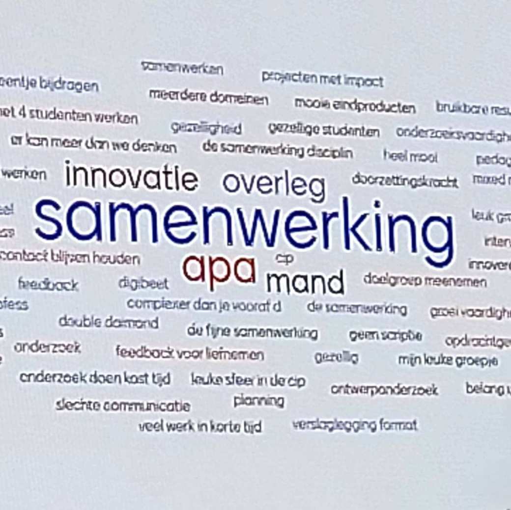 Sheet met woordenwolk over de opbrengsten van PZW waarin samenwerken centraal staat