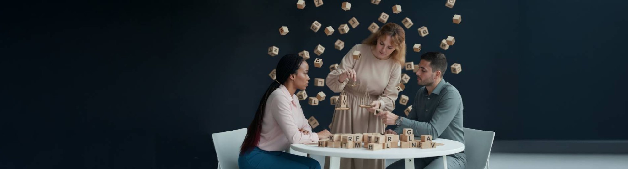 mensen zitten aan tafel en letters vliegen rond