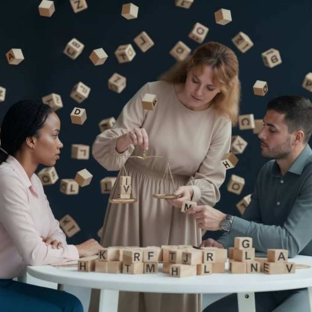 mensen zitten aan tafel en letters vliegen rond