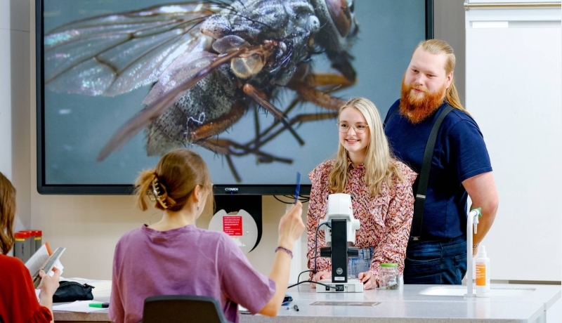 Twee studenten staan samen voor de klas. Op het digibord staat een vlieg geprojecteerd.