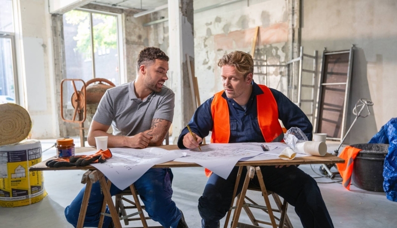Omscholer naar techniek kijkt gelukkig naar zijn bouwtekening, met een collega ernaast.