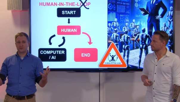 Jochem ten Böhmer en Jorn Bunk gaven de presentatie "AI binnen de HAN: Human in the Lead" op de studiedag