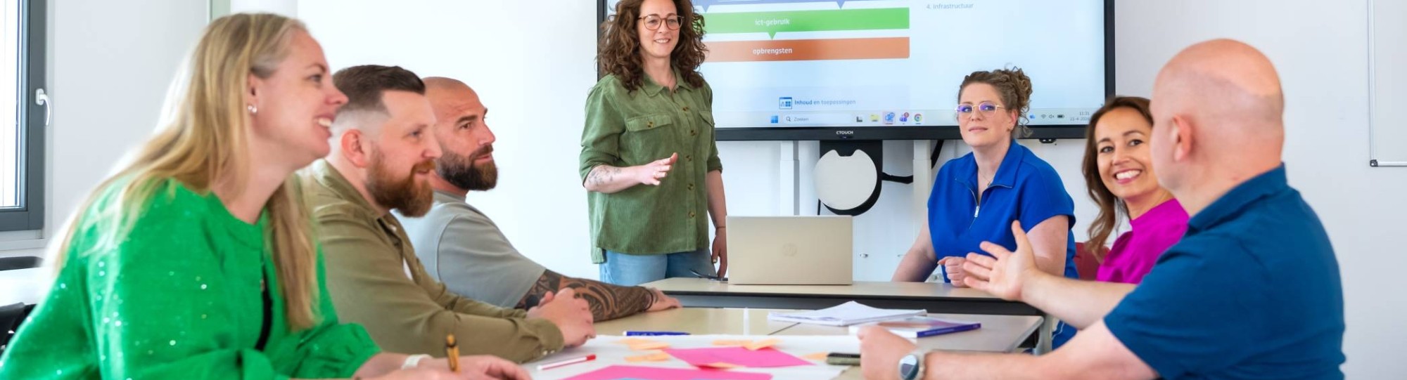 groep studenten van de opleiding Learning & Development in een klaslokaal. Eén student presenteert iets, de rest luistert