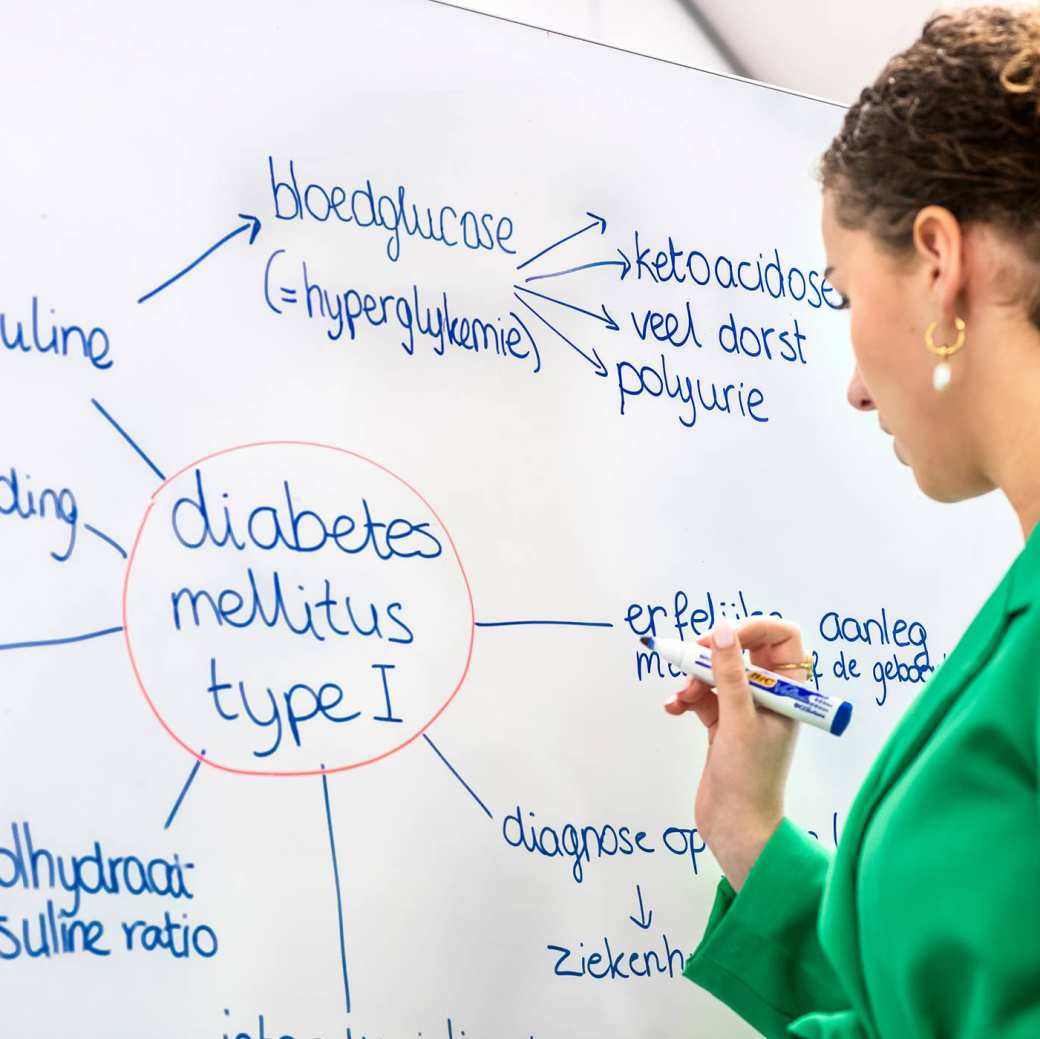 Student schrijft op een whiteboard over Diabetes Mellitus.