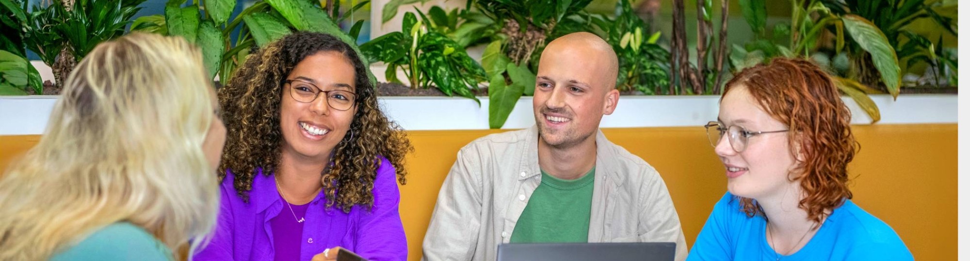 Vier studenten Leraar Wiskunde zitten aan een ronde tafel te werken. Er liggen laptops, etuis en schriften op de tafel.