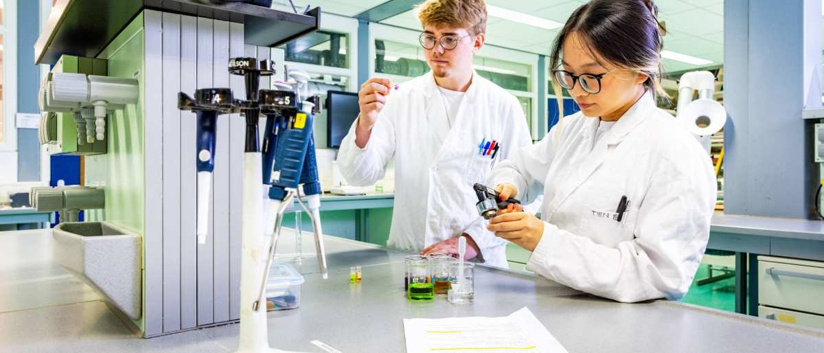 twee studenten werken samen in het chemielab