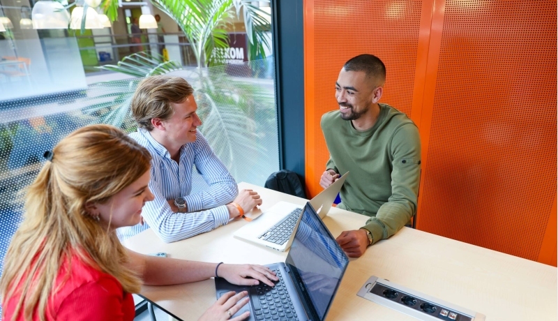 Facility Management, foto 8487, studenten samenwerken in zwevend hokje met laptop