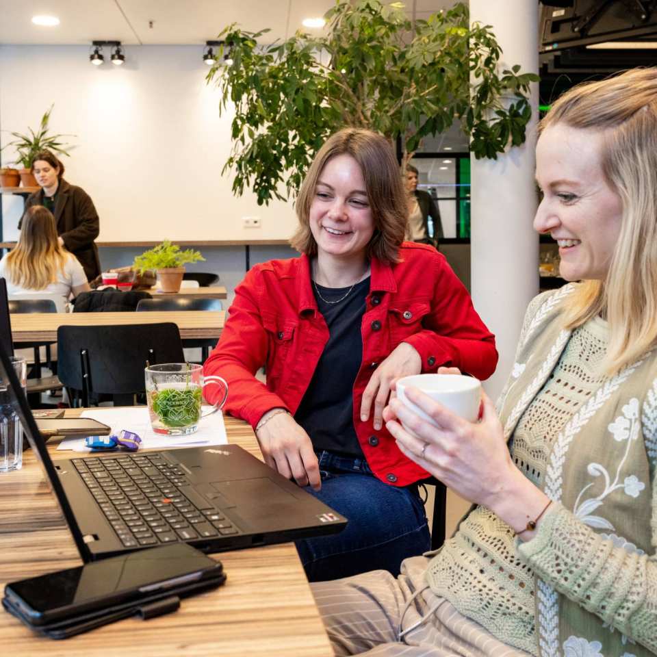 Bedrijfskunde deeltijd, studenten werken samen in de Hangar met laptops en koffie