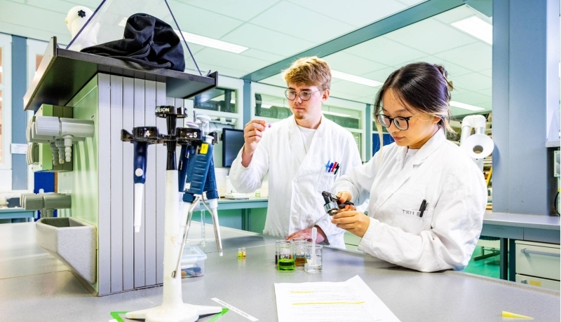 twee studenten werken samen in het chemielab