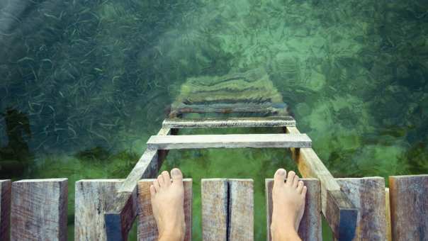 stockfoto van voeten op een vlonder aan de rand van groen water
