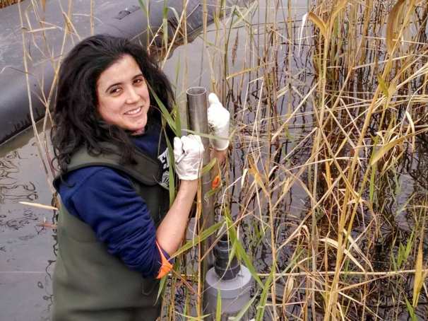 Onderzoeker bij het Lectoraat Sustainable River Management Maria Barciela Rial bij de Klijperij voor het project Eems-Dollard