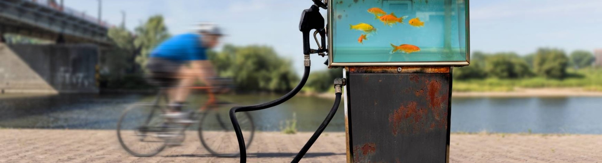 Foto met een aquarium in een oude bezinepomp en op de achtergrond een fietser