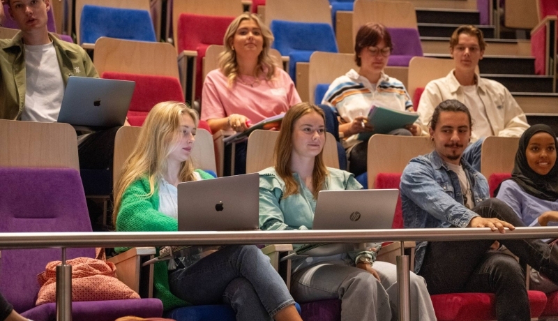 Studenten hebben hoorcollege en luisteren naar docent.
