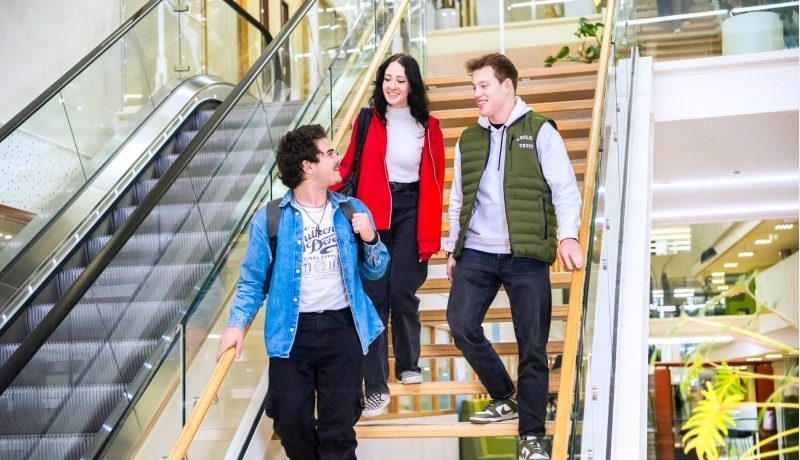 Drie studenten Leraar Natuurkunde lopen de trap af.