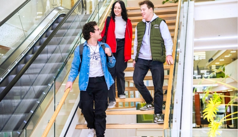 Drie studenten Leraar Natuurkunde lopen samen van de trap af.