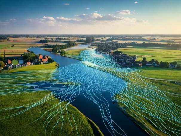 Nederlands landschap. Generated with Adobe Firefly. Prompt: data flows in dutch landscape