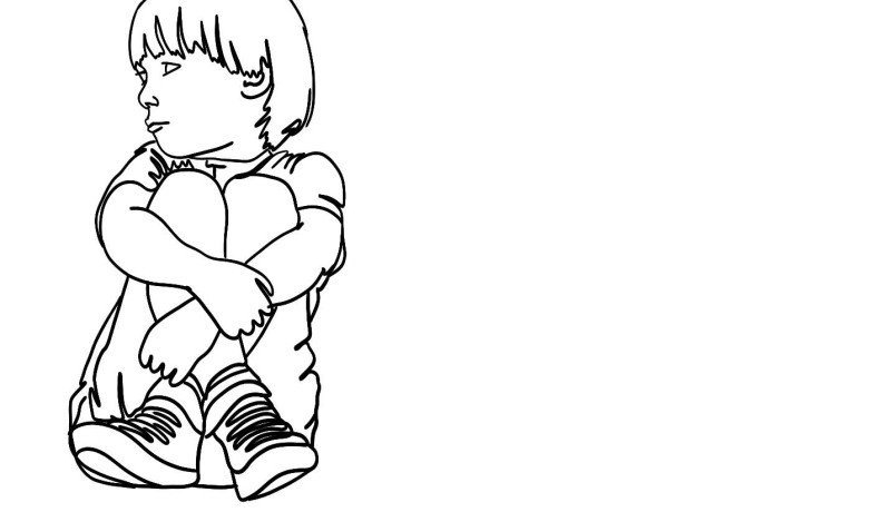 tekening van een kind in het zwart wit, die op een oranje balk zit. Het kind heeft lang haar in een staart op haar hoofd. Ze draagt sneakers en een jas.