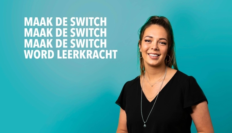 Campagne beeld 2, jonge vrouwelijke deeltijdstudent met CTA maak de switch en word leraar