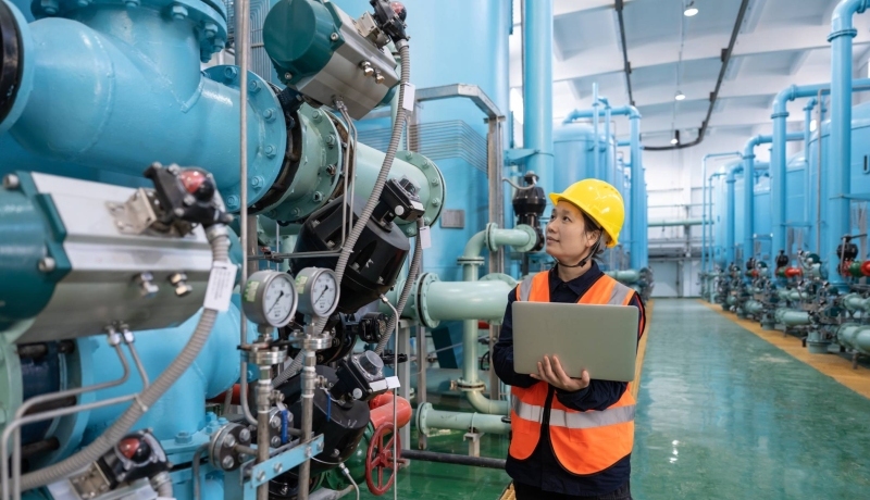 Vrouwelijke engineer met laoptop in chemische fabriek