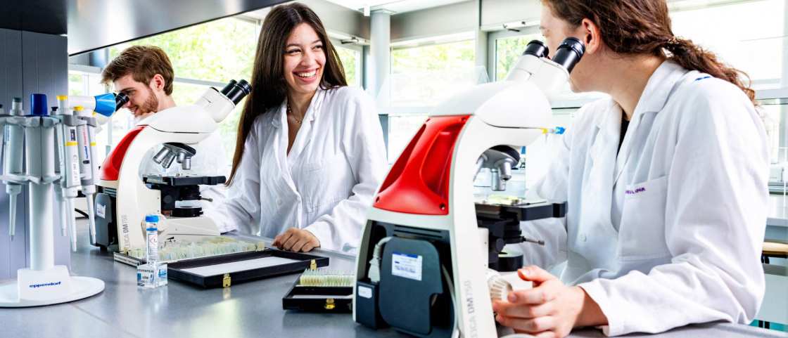 twee studenten in het lab met microscopen