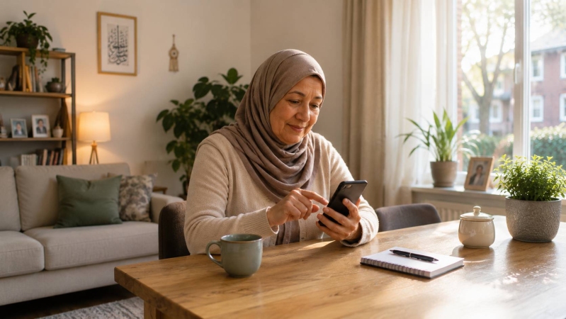 Vrouw aan tafel met telefoon