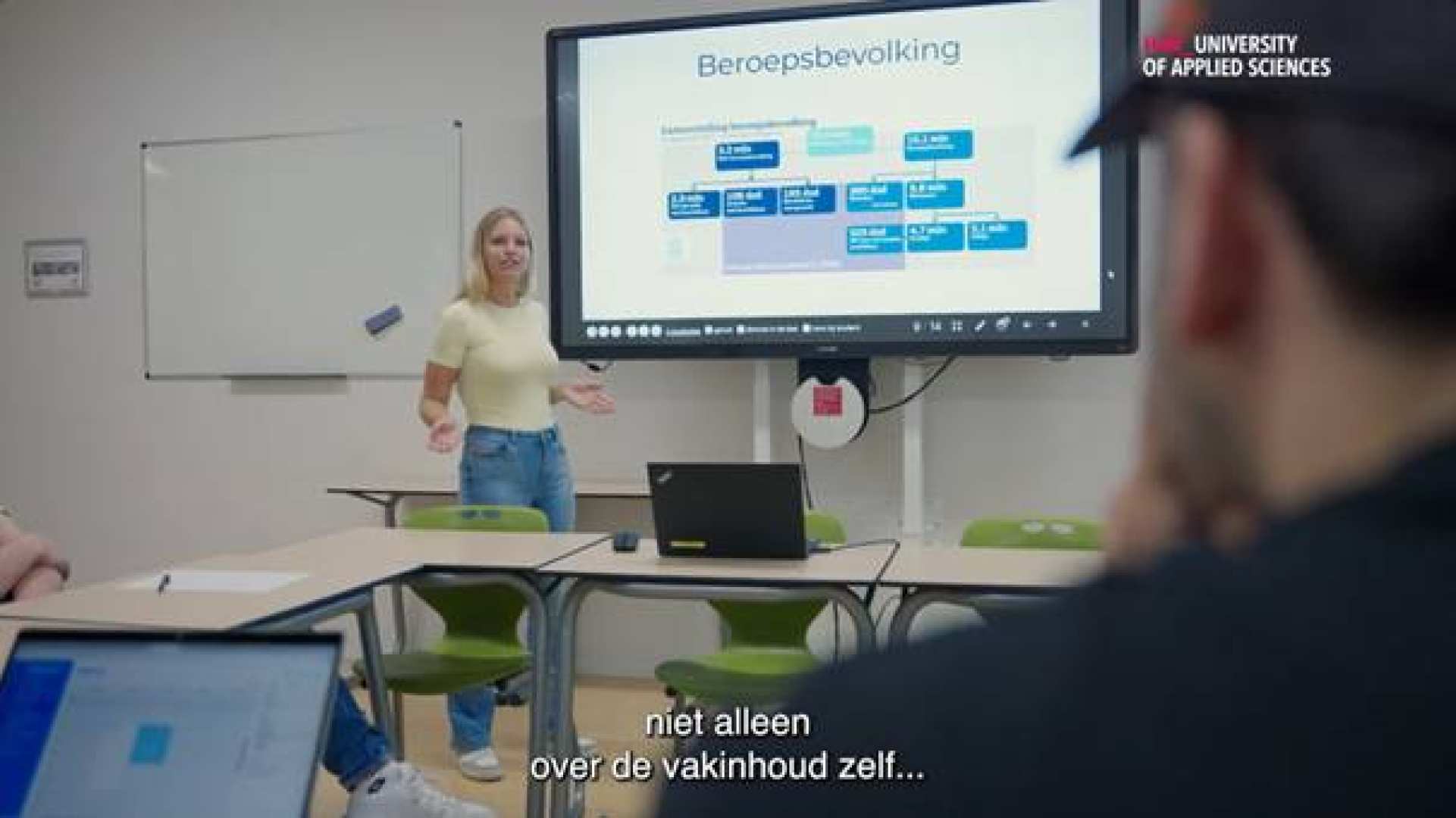 Studente Leraar Economie staat voor de klas. Ze heeft een geel shirt aan met een spijkerbroek en heeft los blondhaar.