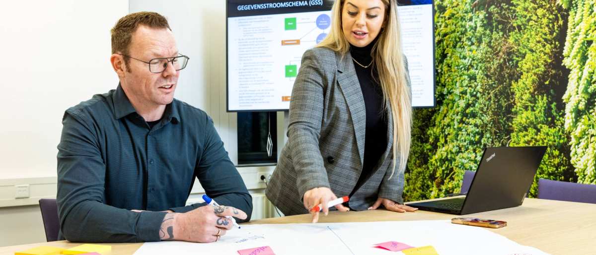 Twee studenten Logistiek deeltijd werken samen en zijn post-its aan het plakken