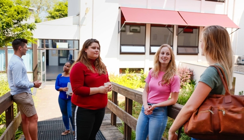 HBO master studenten ontmoeten elkaar op de campus buiten op de brug