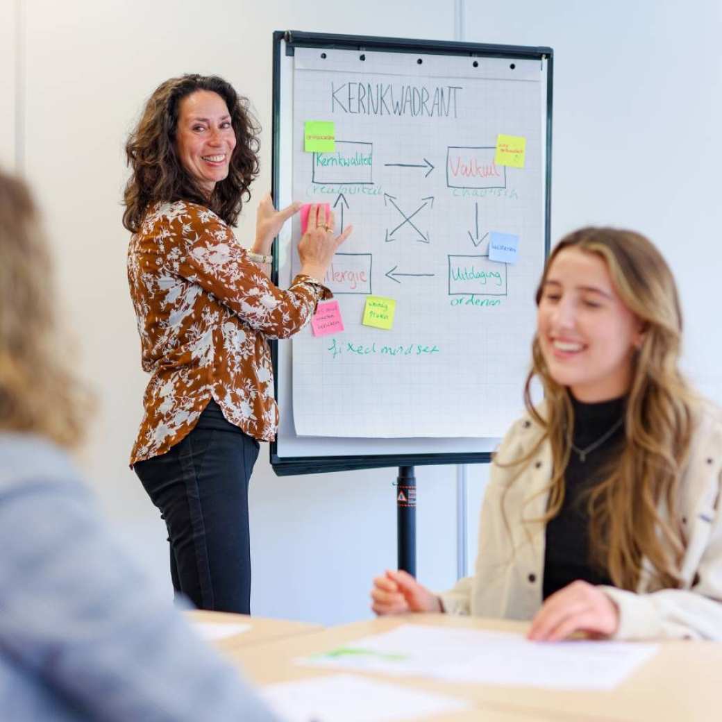 Een docent legt iets uit aan de hand van een flip over