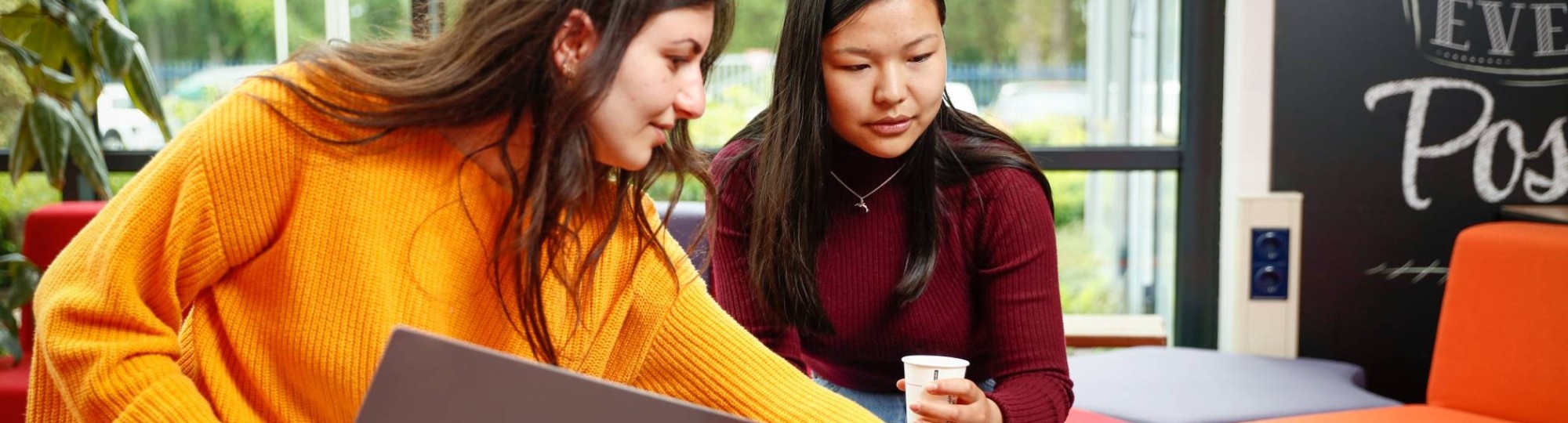 Twee studenten met laptop overleggen en wijst naar scherm