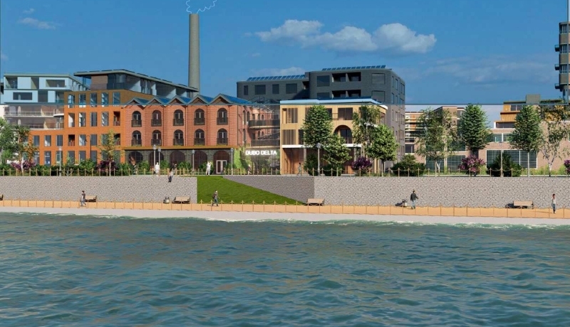 Impressie gebouwen Dubo Delta van projectgroep Brick by Brick, gezien vanaf de Rijn 