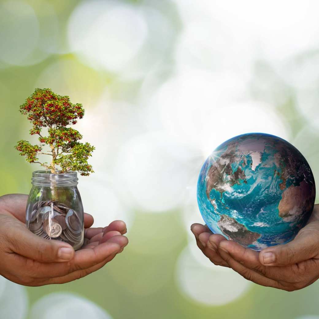 twee handen met wereldbol en glas met geld en-plant
