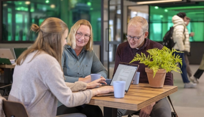 3 studenten zitten in een café te werken met een laptop. Groene achtergrond.