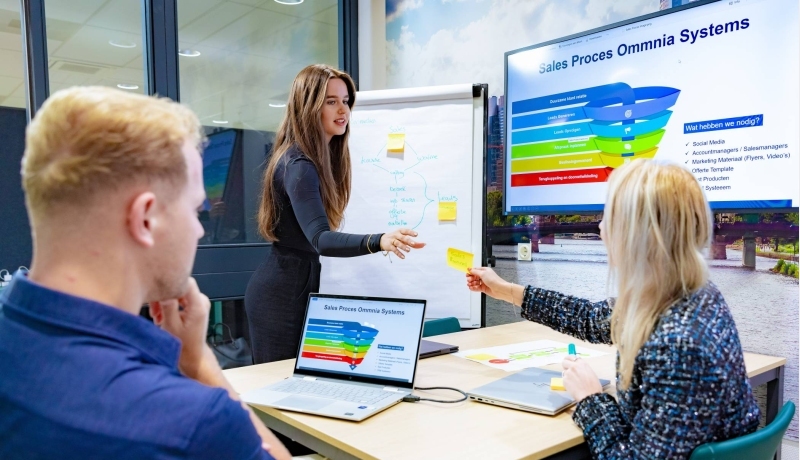 Duaal studenten Commerciële Economie werken samen aan project met flipover.