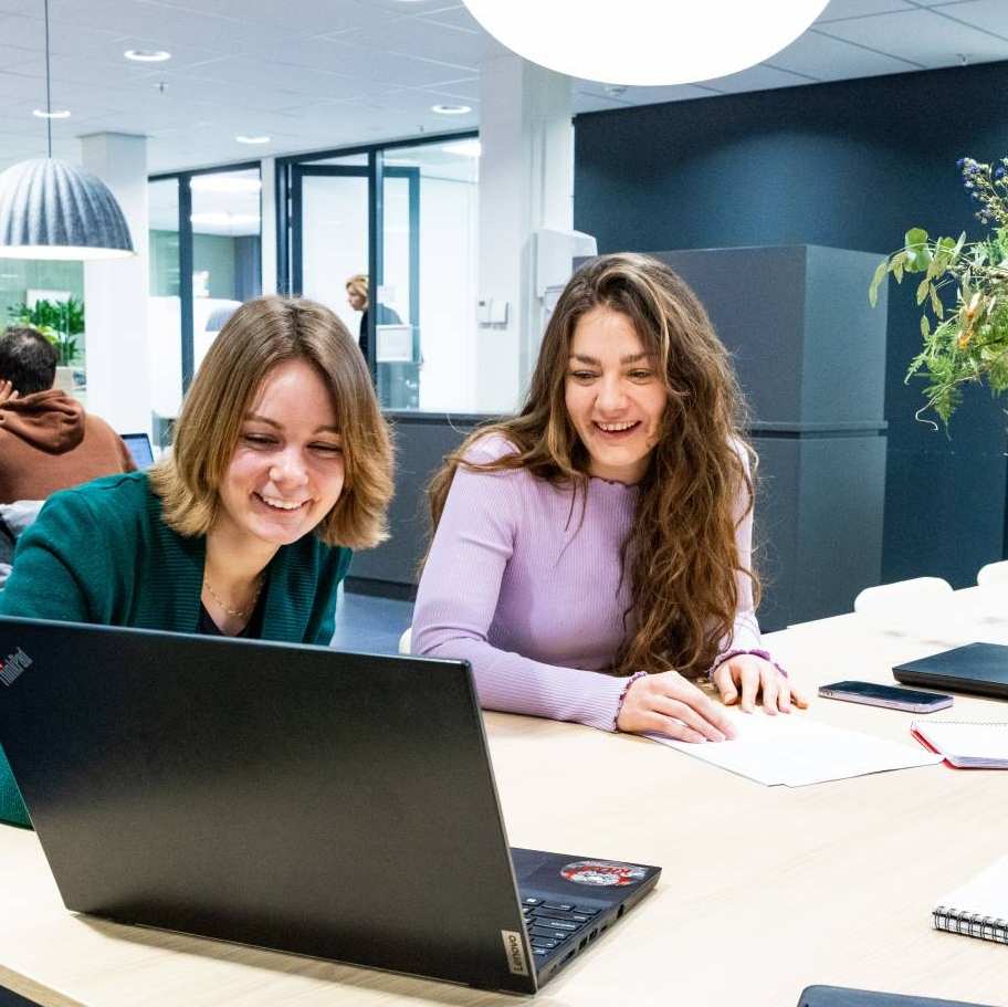 Post-hbo Bedrijfskunde, deelnemers werken samen aan een opdracht met laptop.